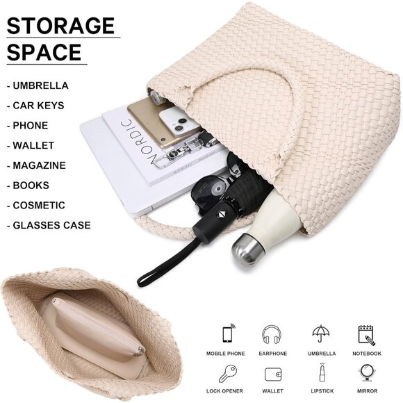 Chic Handcrafted Vegan Leather Tote - Spacious 13.7'' Woven Bag for Everyday Ele - Picture 4 of 7